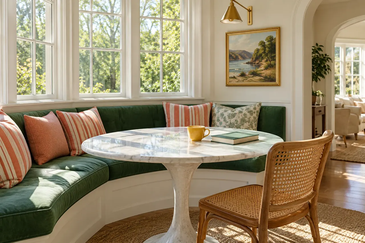 A jade breakfast nook with coral-striped cushions and a yellow cup.