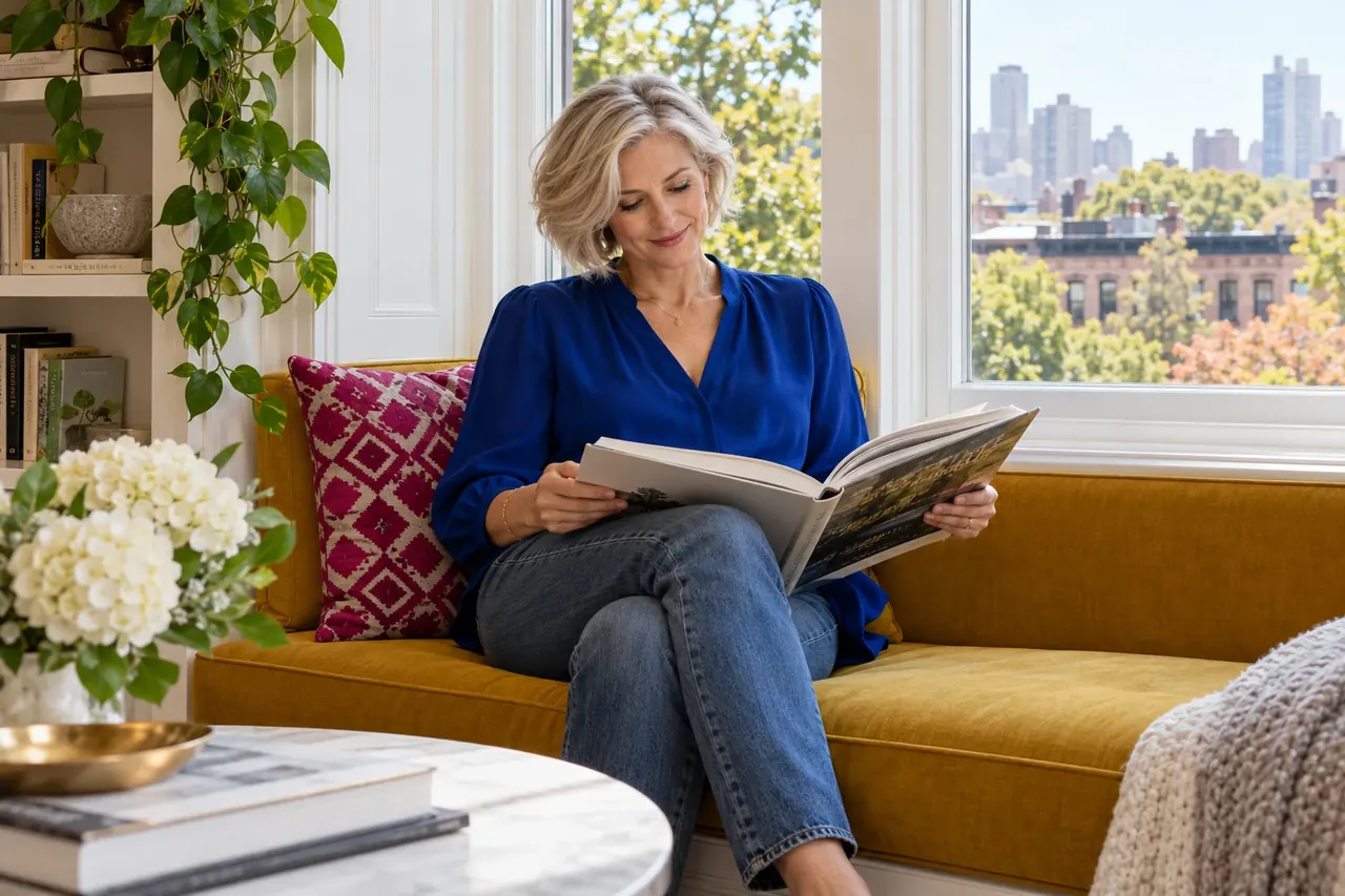 A woman in a cobalt blouse reading in a yellow window seat.