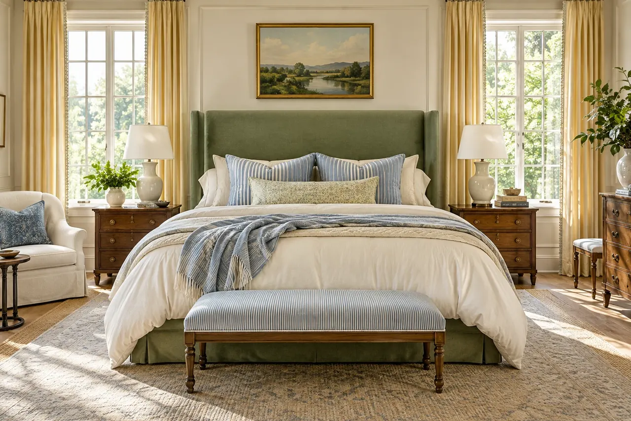 A sunlit bedroom with a sage headboard, blue striped pillows and generous ivory bedding.