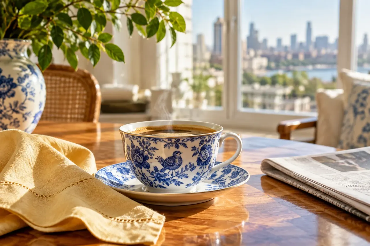 Blue-and-white porcelain coffee cup beside a yellow linen napkin.