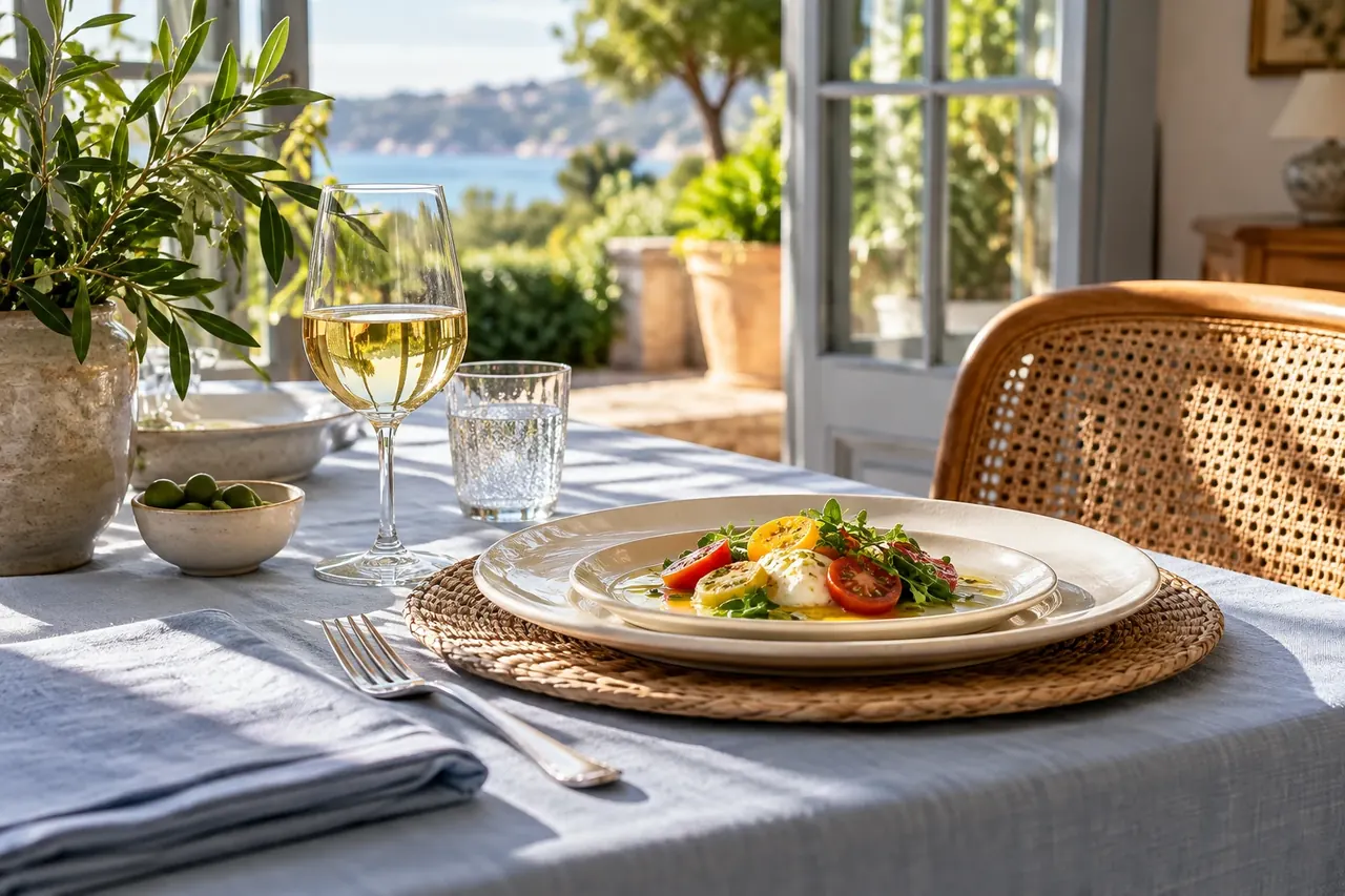 A small glass of white wine and a water glass on a blue linen dinner table.