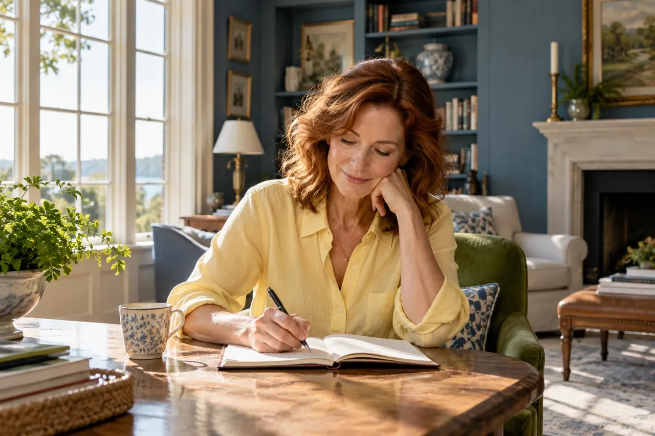 A woman in a yellow shirt writing in a notebook beside a window.