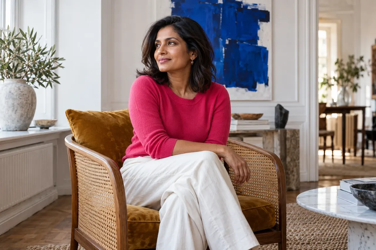 A woman in a raspberry sweater sitting beside a window.
