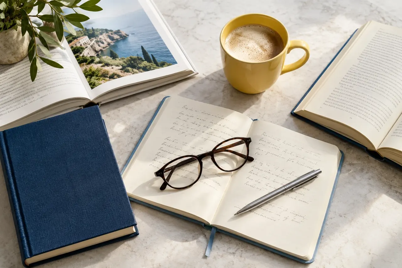 Open books, a notebook, reading glasses and a yellow cup on a pale desk.