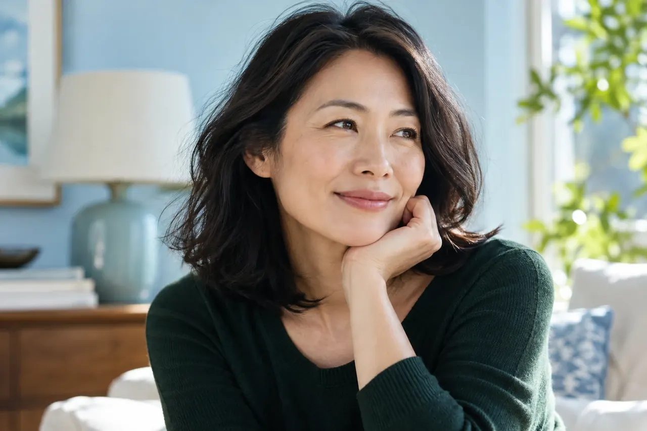 A woman with dark hair and natural skin texture in a sunlit blue room.