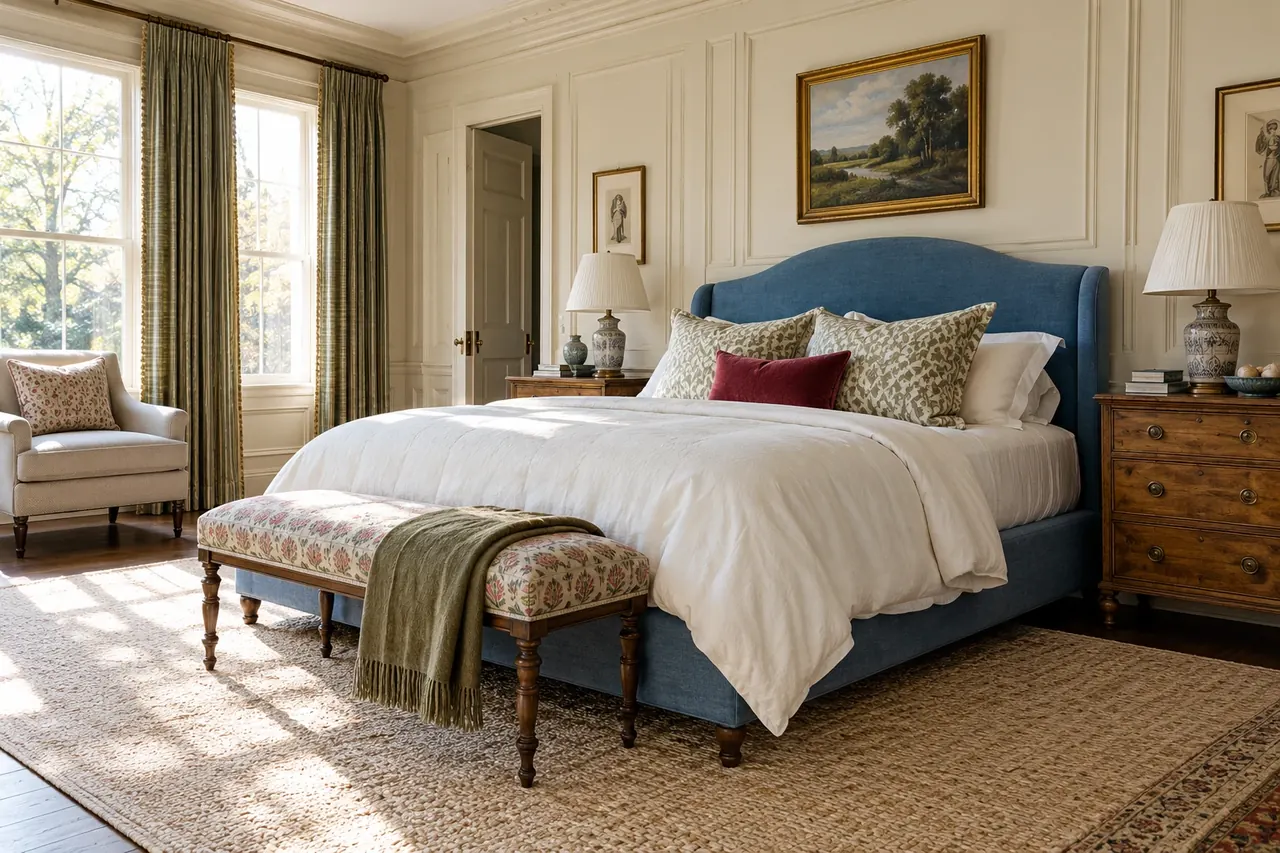 A blue upholstered bed with layered ivory bedding and a raspberry cushion.