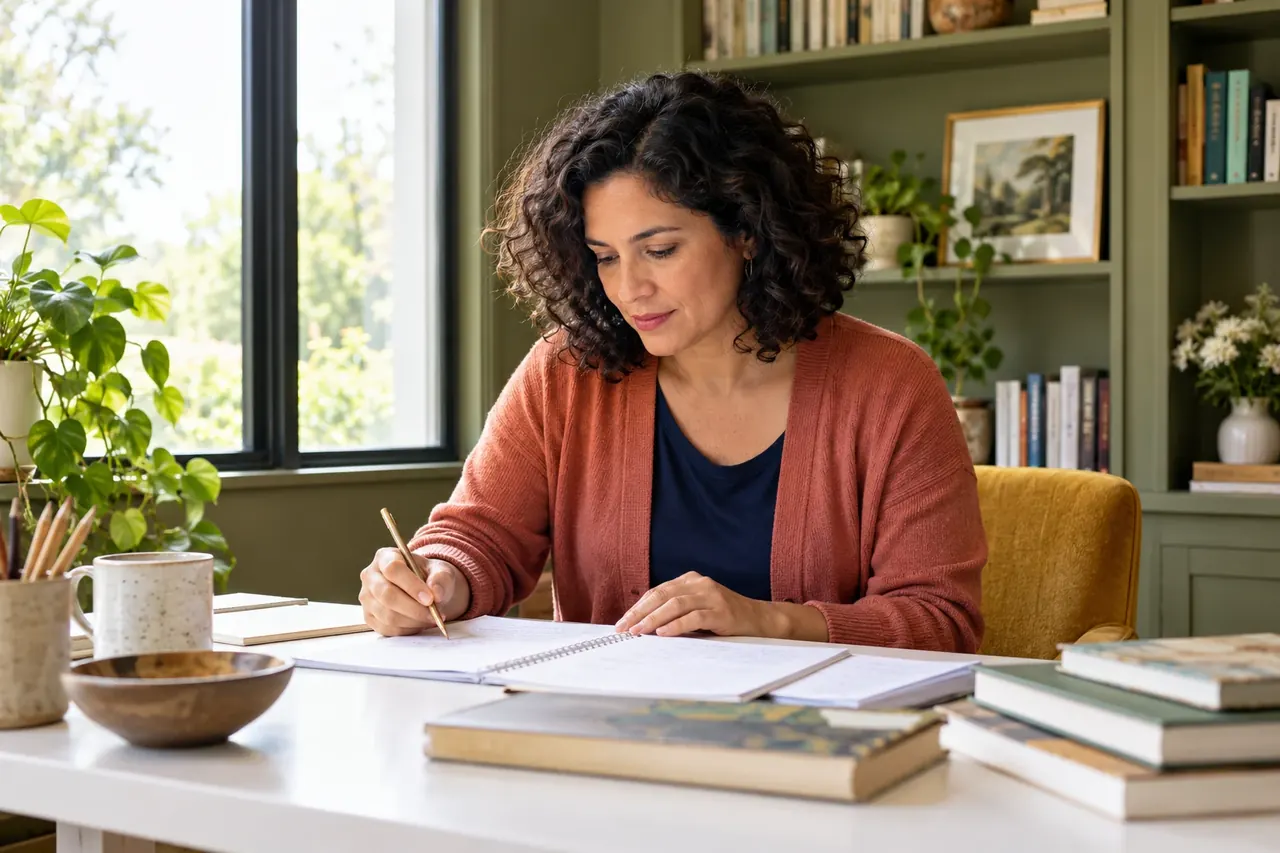 A woman in a coral cardigan studying notes in an olive-green study.