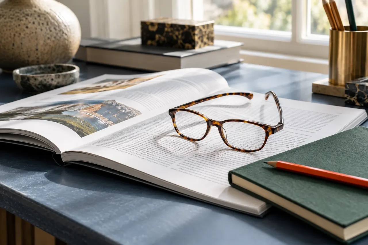 An open journal, reading glasses, pencil and green notebook on a blue desk.