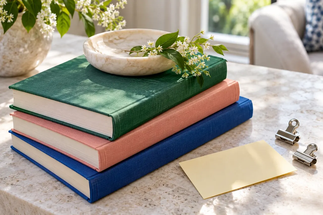 Jade, pink and cobalt clothbound books with page clips on pale stone.