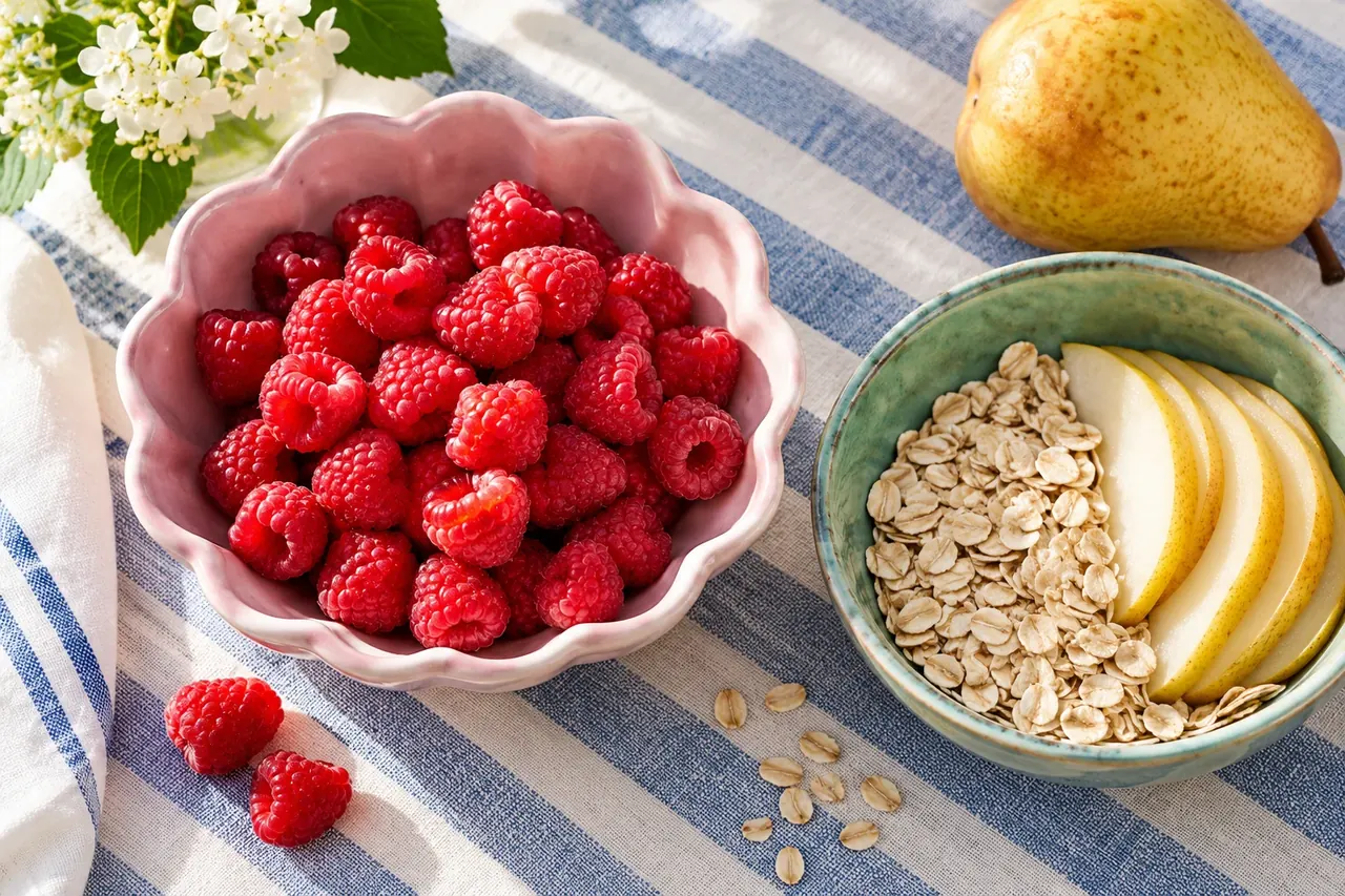 Raspberries, oats and sliced pear in colorful bowls on striped linen.