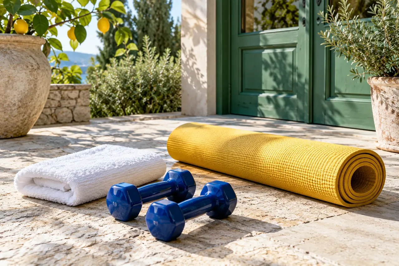 Cobalt dumbbells, a yellow exercise mat and a white towel on a terrace.