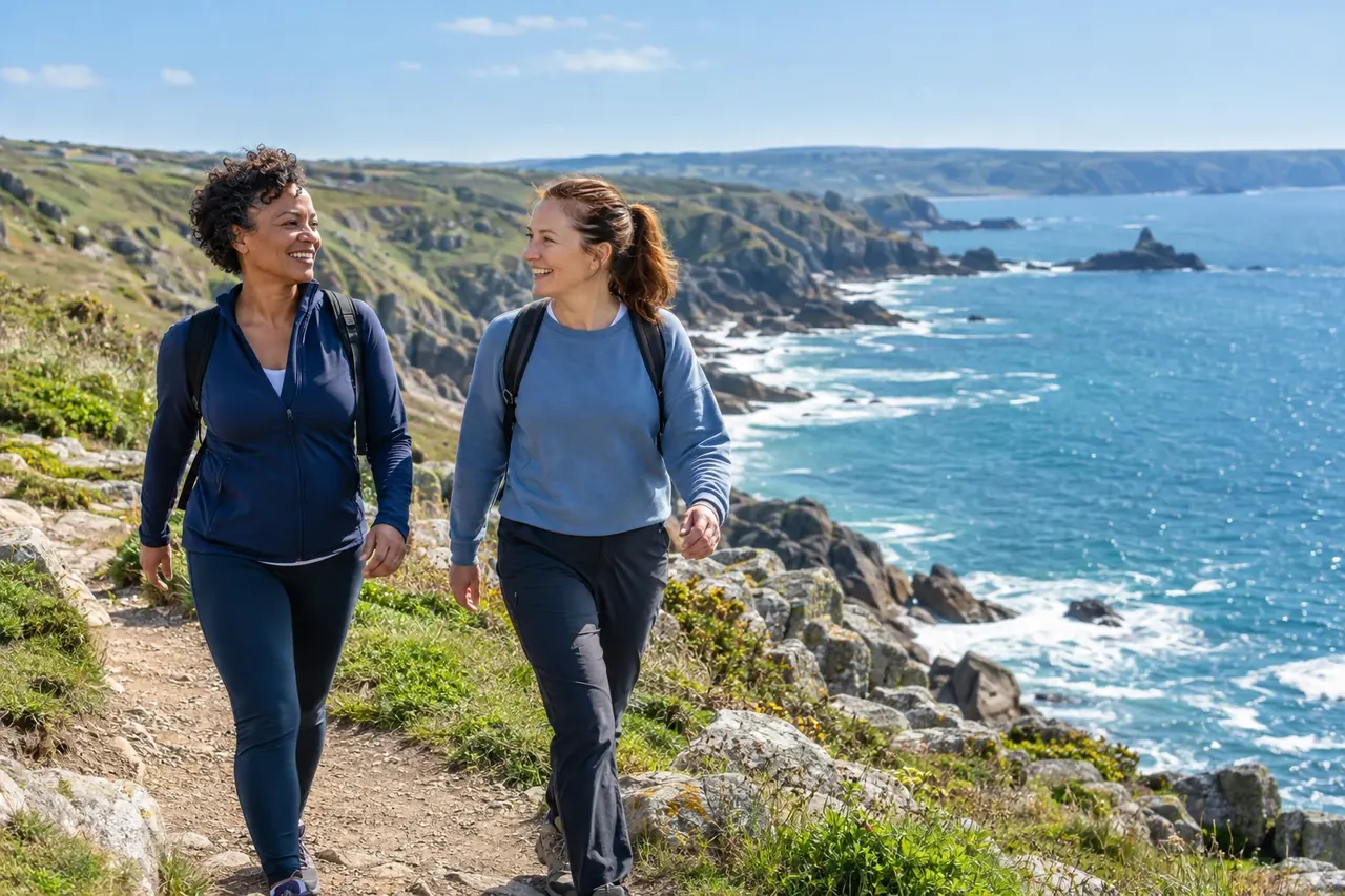 Two women walking together on a sunny coastal path.